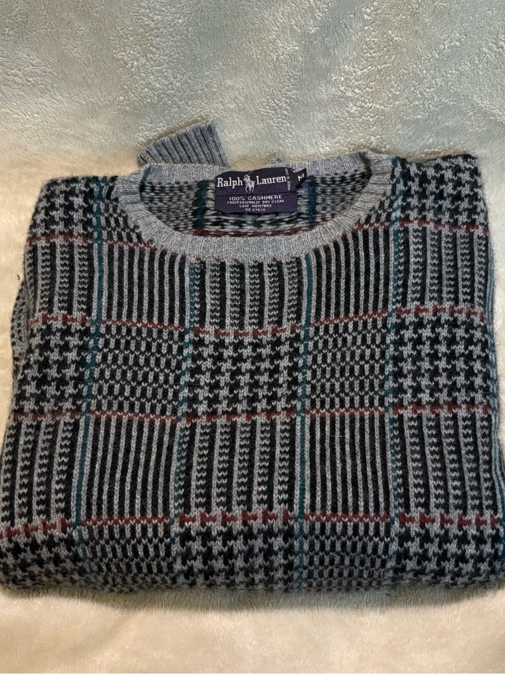 Vintage Ralph Lauren Men’s Grey Patterned Cashmere Sweater